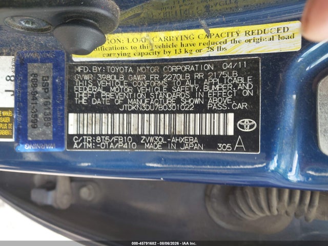 Aukcja sprzedaży 2011 Toyota Prius Two, vin: JTDKN3DU7B0301022, numer aukcji: 45791682