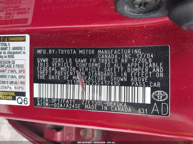 Aukcja sprzedaży 2005 Toyota Corolla Ce, vin: 2T1BR32E25C417495, numer aukcji: 45791687