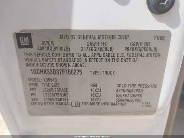 2007 Chevrolet Silverado 3500 Classic Lt2 მანქანა იყიდება აუქციონზე, vin: 1GCHK33D87F160275, აუქციონის ნომერი: 45791693