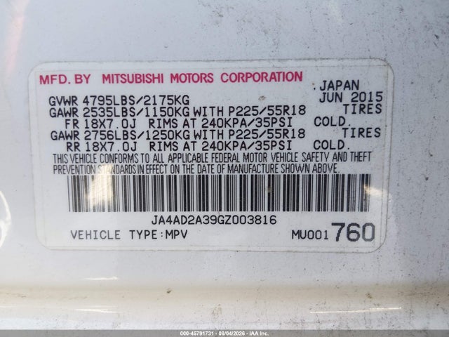 Продаж на аукціоні авто 2016 Mitsubishi Outlander Es, vin: JA4AD2A39GZ003816, номер лоту: 45791731
