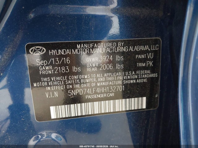 Aukcja sprzedaży 2017 Hyundai Elantra Se, vin: 5NPD74LF4HH132701, numer aukcji: 45791745