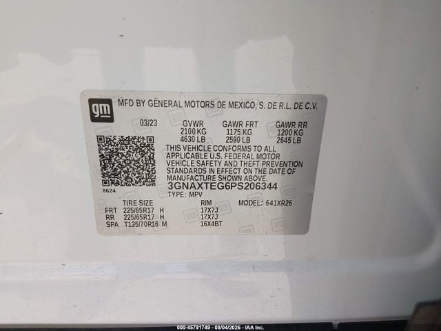 Aukcja sprzedaży 2023 Chevrolet Equinox Awd 2fl, vin: 3GNAXTEG6PS206344, numer aukcji: 45791749