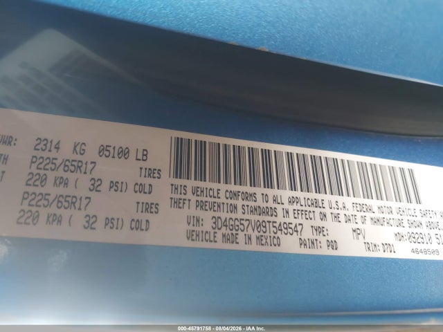 45791758 :رقم المزاد ، 3D4GG57V09T549547 vin ، 2009 Dodge Journey Sxt مزاد بيع