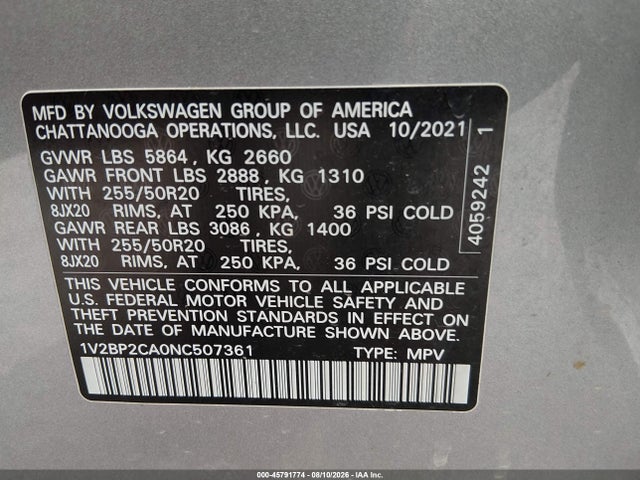 Aukcja sprzedaży 2022 Volkswagen Atlas 2.0t Sel, vin: 1V2BP2CA0NC507361, numer aukcji: 45791774