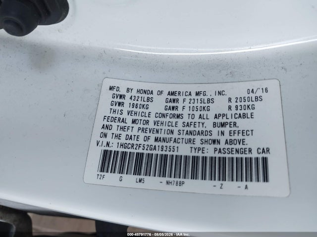 1HGCR2F52GA193551 Honda Accord Sport