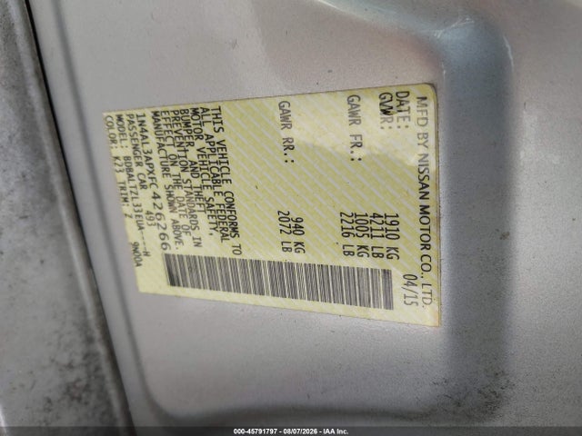 2015 Nissan Altima 2.5 Sl მანქანა იყიდება აუქციონზე, vin: 1N4AL3APXFC426266, აუქციონის ნომერი: 45791797