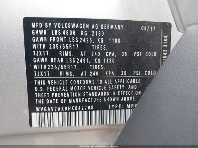 Aukcja sprzedaży 2017 Volkswagen Tiguan 2.0t/2.0t S, vin: WVGAV7AX9HK042768, numer aukcji: 45791802