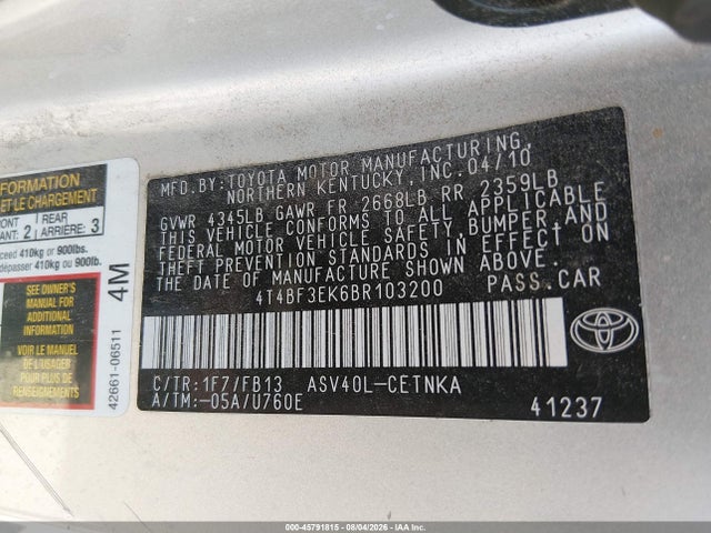 Продаж на аукціоні авто 2011 Toyota Camry Le, vin: 4T4BF3EK6BR103200, номер лоту: 45791815