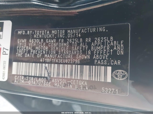 2014 Toyota Camry Xle მანქანა იყიდება აუქციონზე, vin: 4T1BF1FK3EU823796, აუქციონის ნომერი: 45791816