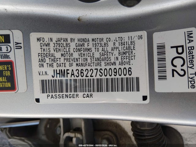 45791844 :رقم المزاد ، JHMFA36227S009006 vin ، 2007 Honda Civic Hybrid مزاد بيع