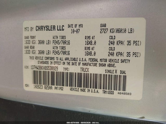 Aukcja sprzedaży 2008 Dodge Dakota Sxt/bighorn/lonestar, vin: 1D7HW38KX8S538929, numer aukcji: 45791850