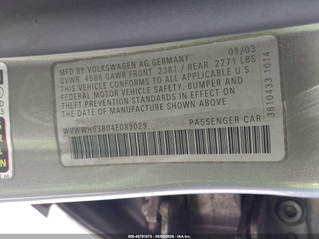 Продаж на аукціоні авто 2004 Volkswagen Passat Glx, vin: WVWWH63B04E089029, номер лоту: 45791875