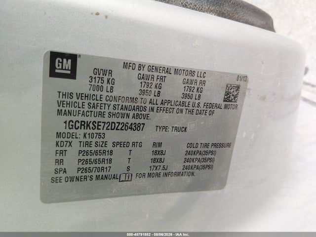 45791882 :رقم المزاد ، 1GCRKSE72DZ264387 vin ، 2013 Chevrolet Silverado 1500 Lt مزاد بيع