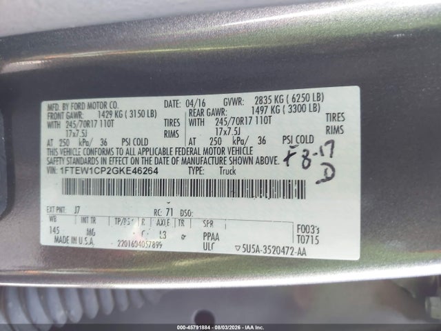 Aukcja sprzedaży 2016 Ford F-150 Xlt, vin: 1FTEW1CP2GKE46264, numer aukcji: 45791884