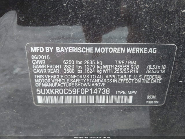 2015 Bmw X5 Xdrive35i მანქანა იყიდება აუქციონზე, vin: 5UXKR0C59F0P14738, აუქციონის ნომერი: 45791908