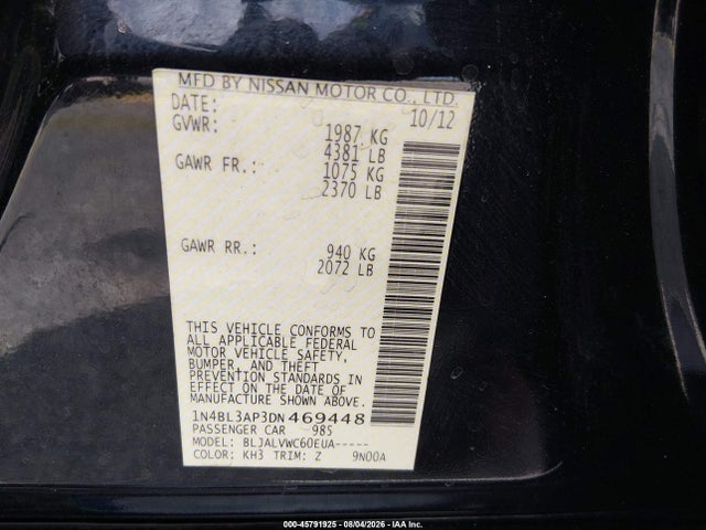 2013 Nissan Altima 3.5 Sl მანქანა იყიდება აუქციონზე, vin: 1N4BL3AP3DN469448, აუქციონის ნომერი: 45791925