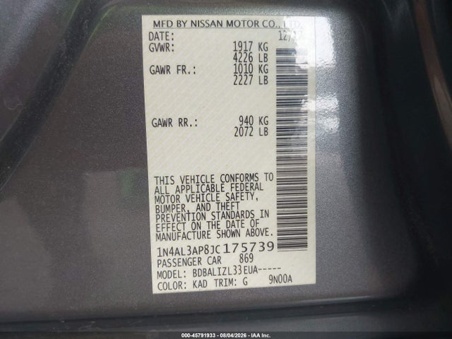 1N4AL3AP8JC175739 Nissan Altima 2.5 Sv
