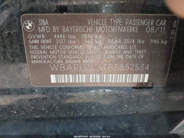 2011 Bmw 328i მანქანა იყიდება აუქციონზე, vin: WBAPH7C57BE852534, აუქციონის ნომერი: 45791935