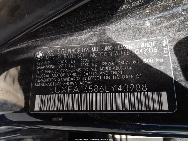 Aukcja sprzedaży 2006 Bmw X5 3.0i, vin: 5UXFA13586LY40988, numer aukcji: 45791951