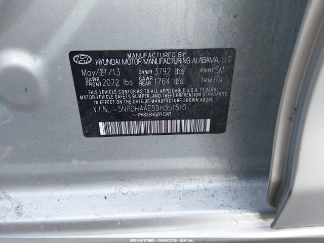 2013 Hyundai Elantra Gls მანქანა იყიდება აუქციონზე, vin: 5NPDH4AE5DH351510, აუქციონის ნომერი: 45791969