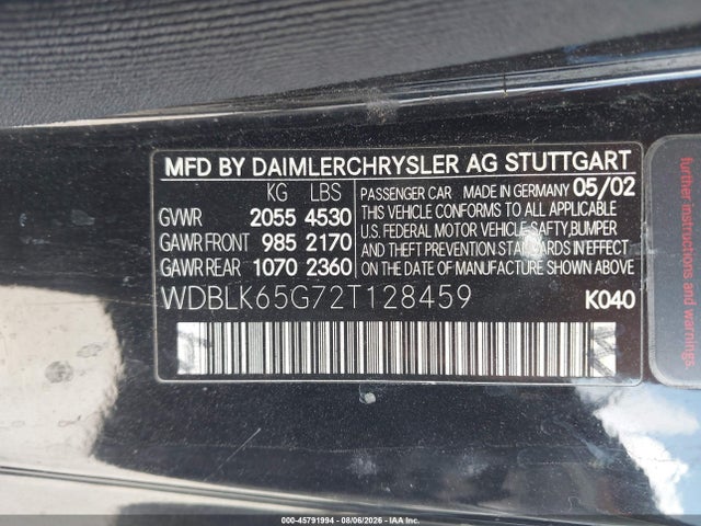 Продажа на аукционе авто 2002 Mercedes-benz Clk 320, vin: WDBLK65G72T128459, номер лота: 45791994