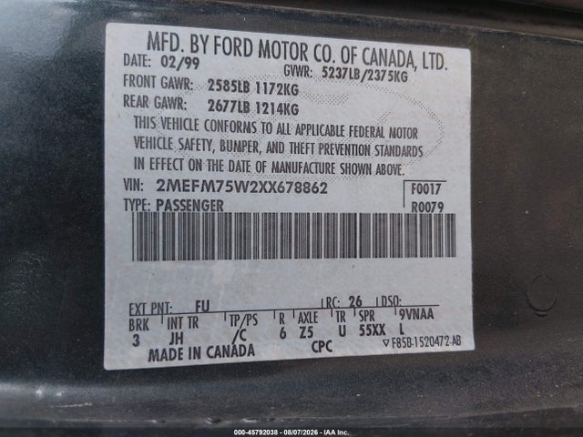 Продаж на аукціоні авто 1999 Mercury Grand Marquis Ls, vin: 2MEFM75W2XX678862, номер лоту: 45792038