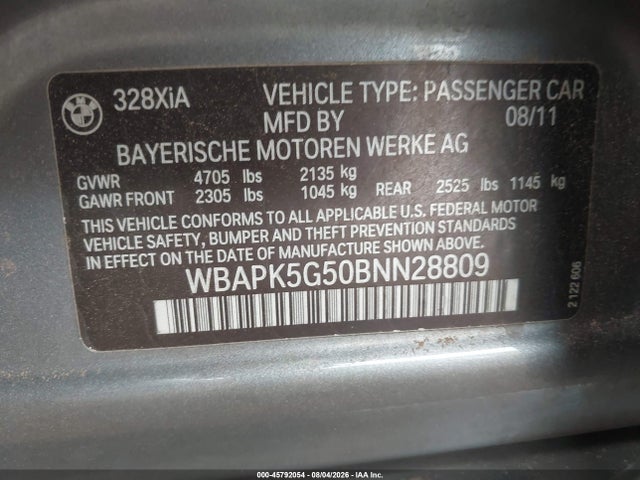 2011 Bmw 328i Xdrive მანქანა იყიდება აუქციონზე, vin: WBAPK5G50BNN28809, აუქციონის ნომერი: 45792054