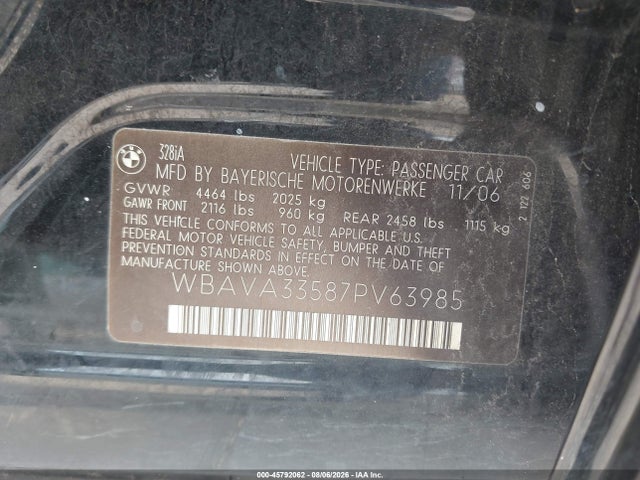 45792062 :رقم المزاد ، WBAVA33587PV63985 vin ، 2007 Bmw 328i مزاد بيع