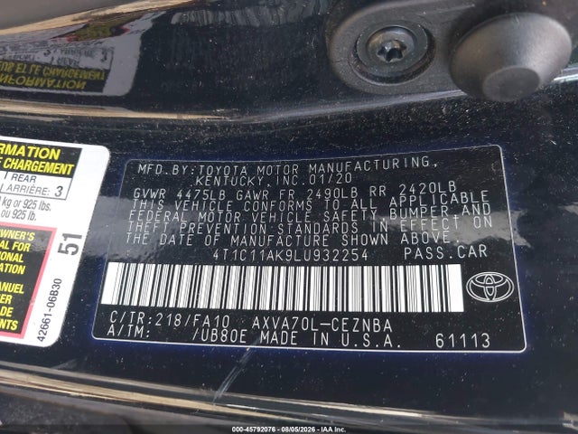 2020 Toyota Camry Le მანქანა იყიდება აუქციონზე, vin: 4T1C11AK9LU932254, აუქციონის ნომერი: 45792076