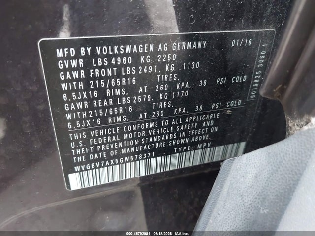 2016 Volkswagen Tiguan S მანქანა იყიდება აუქციონზე, vin: WVGBV7AX5GW578371, აუქციონის ნომერი: 45792081