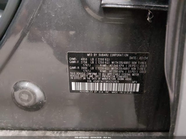 2024 Subaru Outback Premium მანქანა იყიდება აუქციონზე, vin: 4S4BTACC9R3252820, აუქციონის ნომერი: 45792082