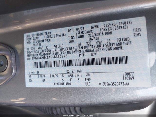 Aukcja sprzedaży 2023 Ford Escape St-line Select, vin: 1FMCU9NZ4PUA35975, numer aukcji: 45792093