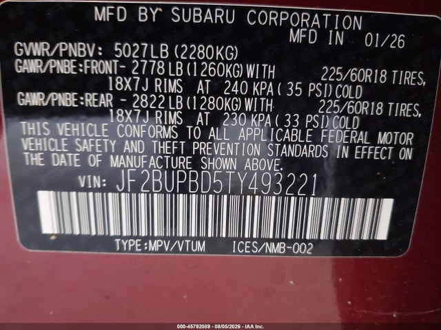 Продажа на аукционе авто 2026 Subaru Outback Premium, vin: JF2BUPBD5TY493221, номер лота: 45792089