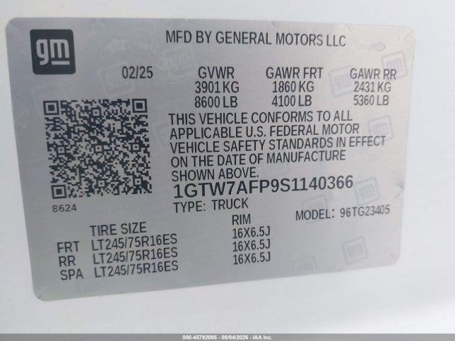 Aukcja sprzedaży 2025 Gmc Savana Cargo Rwd 2500 Regular Wheelbase Work Van, vin: 1GTW7AFP9S1140366, numer aukcji: 45792095