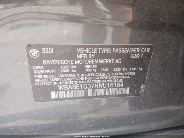 Aukcja sprzedaży 2017 Bmw 320i, vin: WBA8E1G37HNU16164, numer aukcji: 45792102