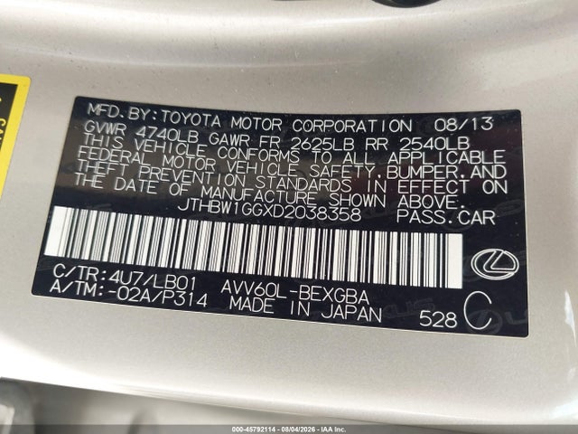 Продажа на аукционе авто 2013 Lexus Es 300h, vin: JTHBW1GGXD2038358, номер лота: 45792114