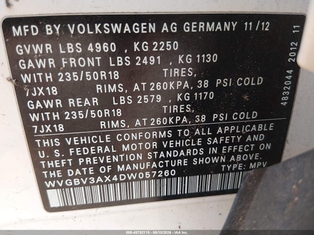 2013 Volkswagen Tiguan Se მანქანა იყიდება აუქციონზე, vin: WVGBV3AX4DW057260, აუქციონის ნომერი: 45792115