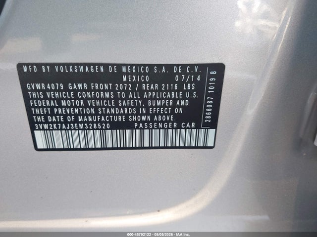 Aukcja sprzedaży 2014 Volkswagen Jetta 2.0l S, vin: 3VW2K7AJ3EM328520, numer aukcji: 45792122