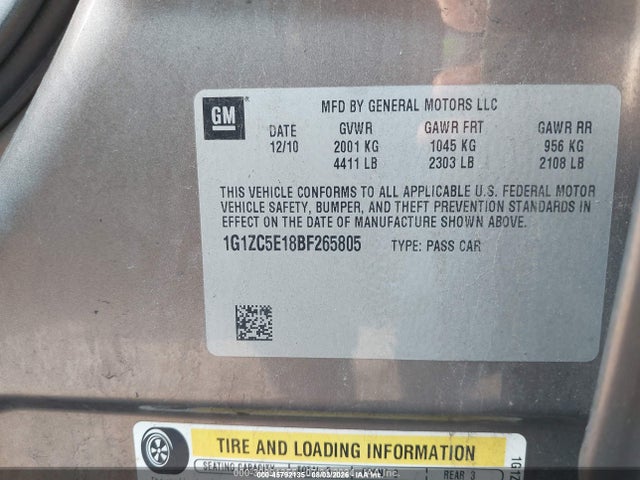 45792135 :رقم المزاد ، 1G1ZC5E18BF265805 vin ، 2011 Chevrolet Malibu 1lt مزاد بيع