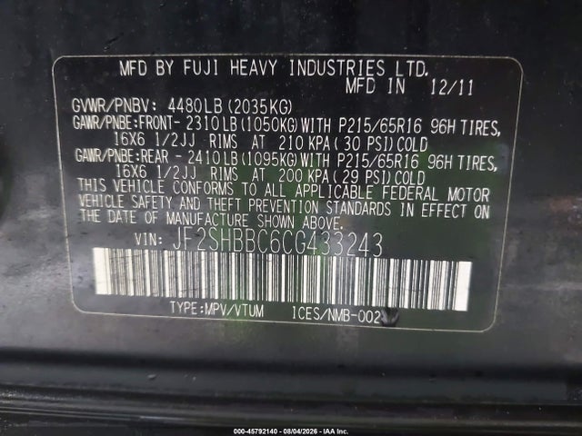 Aukcja sprzedaży 2012 Subaru Forester 2.5x, vin: JF2SHBBC6CG433243, numer aukcji: 45792140