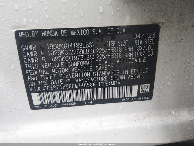 2023 Honda Hr-v 2wd Sport მანქანა იყიდება აუქციონზე, vin: 3CZRZ1H58PM746586, აუქციონის ნომერი: 45792173