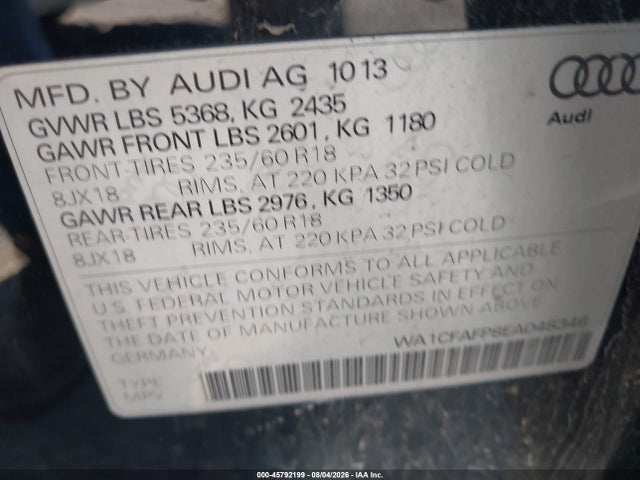 45792199 :رقم المزاد ، WA1CFAFP8EA048346 vin ، 2014 Audi Q5 2.0t Premium مزاد بيع