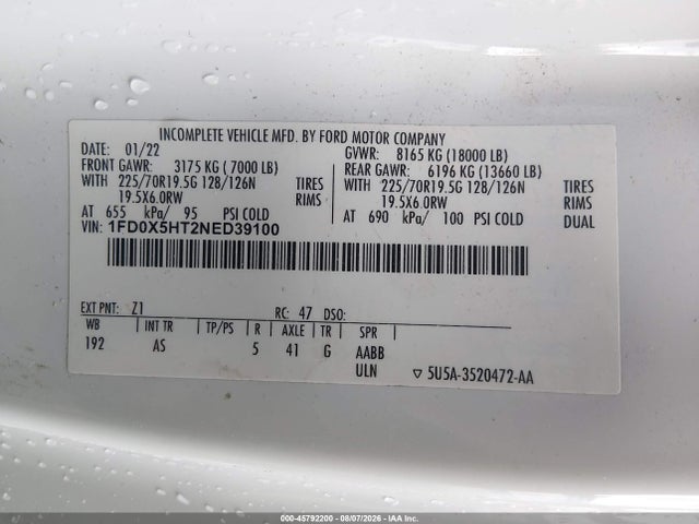 45792200 :رقم المزاد ، 1FD0X5HT2NED39100 vin ، 2022 Ford F-550 Chassis Xl مزاد بيع