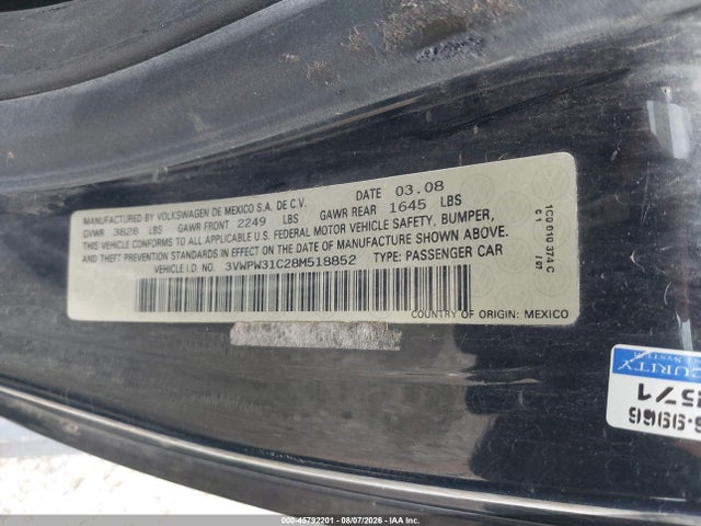 2008 Volkswagen New Beetle S მანქანა იყიდება აუქციონზე, vin: 3VWPW31C28M518852, აუქციონის ნომერი: 45792201