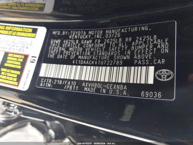 Aukcja sprzedaży 2026 Toyota Camry Le, vin: 4T1DAACK4TU722789, numer aukcji: 45792207