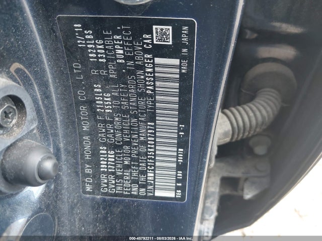 2019 Honda Civic Ex მანქანა იყიდება აუქციონზე, vin: JHMFC1F35KX007978, აუქციონის ნომერი: 45792211