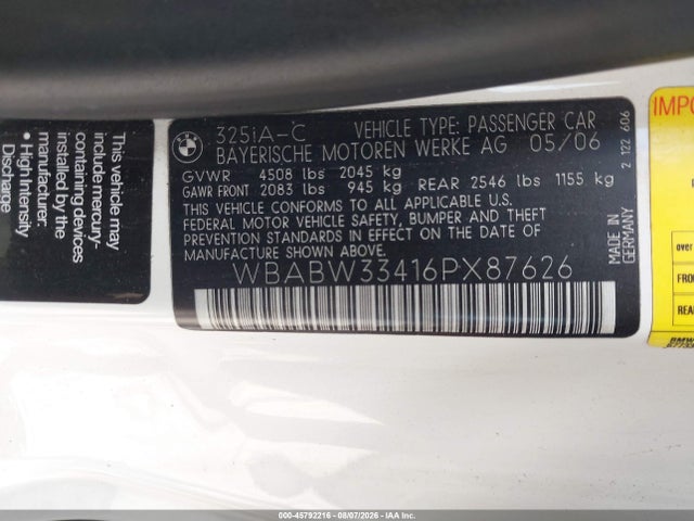 Aukcja sprzedaży 2006 Bmw 325ci, vin: WBABW33416PX87626, numer aukcji: 45792216