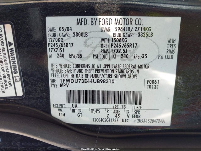 2004 Ford Explorer Nbx/xlt მანქანა იყიდება აუქციონზე, vin: 1FMDU73E44UB98310, აუქციონის ნომერი: 45792221