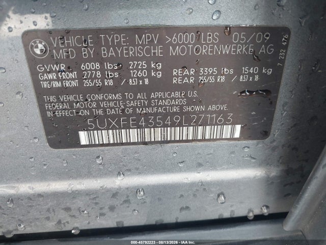 2009 Bmw X5 Xdrive30i მანქანა იყიდება აუქციონზე, vin: 5UXFE43549L271163, აუქციონის ნომერი: 45792223