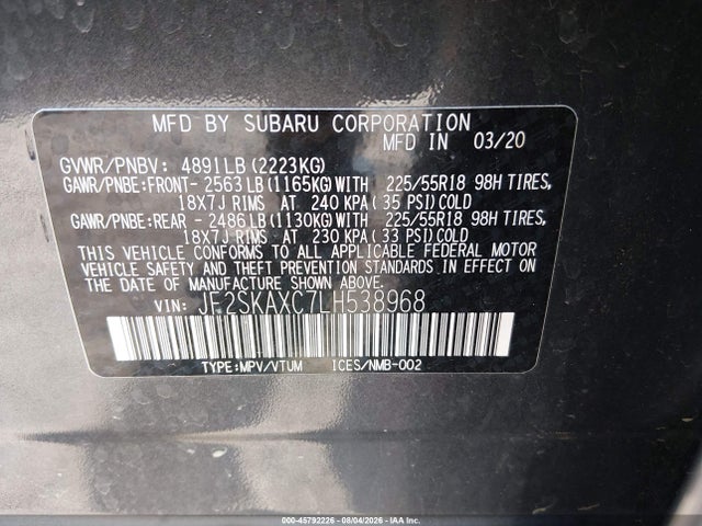2020 Subaru Forester Touring მანქანა იყიდება აუქციონზე, vin: JF2SKAXC7LH538968, აუქციონის ნომერი: 45792226